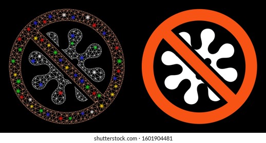 Bright mesh antivirus icon with lightspot effect. Abstract illuminated model of antivirus. Shiny wire frame polygonal mesh antivirus icon. Vector abstraction on a black background.