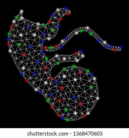 Bright mesh ape embryo with glow effect. White wire carcass triangular mesh in vector format on a black background. Abstract 2d mesh designed with polygonal grid, spheric points, colorful light spots.