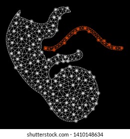 Bright mesh ape embryo with lightspot effect. Shiny wire frame polygonal mesh in vector format on a black background. Abstract 2d mesh designed with triangular lines, small circle,