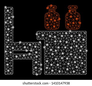 Bright mesh apothecary table with glow effect. Shiny wire frame triangular mesh in vector format on a black background. Abstract 2d mesh designed with polygonal grid, points, glowing flash spots.