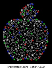 Bright mesh apple with lightspot effect. White wire carcass polygonal network in vector format on a black background. Abstract 2d mesh built from polygonal grid, small circle, colorful flash spots.