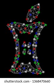 Bright mesh apple stump with glow effect. White wire carcass triangular mesh in vector format on a black background. Abstract 2d mesh designed with triangular lines, spheric points,