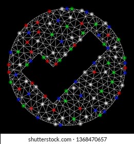 Bright mesh apply with glare effect. White wire frame polygonal mesh in vector format on a black background. Abstract 2d mesh created from polygonal grid, points, colorful glare spots.