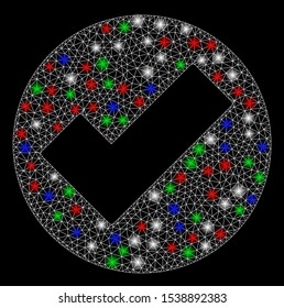 Bright mesh apply with glare effect. White wire carcass triangular mesh in vector format on a black background. Abstract 2d mesh created from triangular lines, small circle, colored glare spots.