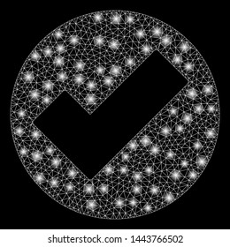Bright mesh apply with glow effect. Shiny wire frame triangular mesh in vector format on a black background. Abstract 2d mesh designed with triangular lines, round dots, glowing flare spots.