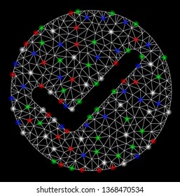 Bright mesh apply with lightspot effect. White wire frame polygonal mesh in vector format on a black background. Abstract 2d mesh built from polygonal grid, dots, colorful flare spots.