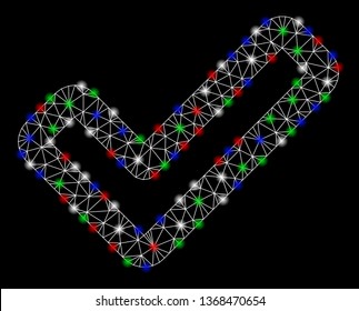 Bright mesh apply tick with glare effect. White wire frame polygonal mesh in vector format on a black background. Abstract 2d mesh designed with triangular lines, points, colorful glare spots.