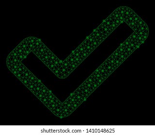 Bright mesh apply tick with glare effect. Shiny wire frame polygonal mesh in vector format on a black background. Abstract 2d mesh designed with triangles, dots, glossy glare spots.