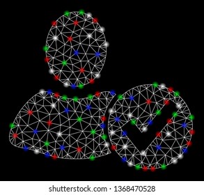 Bright mesh apply user with glare effect. White wire frame triangular mesh in vector format on a black background. Abstract 2d mesh built from triangular lines, round dots, colorful glare spots.