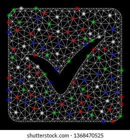 Bright mesh approve box with glare effect. White wire frame triangular mesh in vector format on a black background. Abstract 2d mesh designed with triangular lines, small circle, colored glare spots.