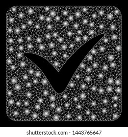 Bright mesh approve box with glare effect. Shiny wire frame polygonal mesh in vector format on a black background. Abstract 2d mesh designed with triangular lines, points, glowing light spots.