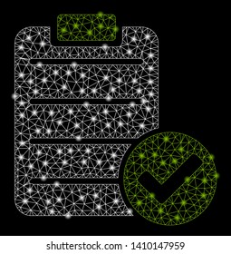 Bright mesh approve list with glare effect. Shiny wire carcass polygonal mesh in vector format on a black background. Abstract 2d mesh created from triangular lines, points, glowing glare spots.
