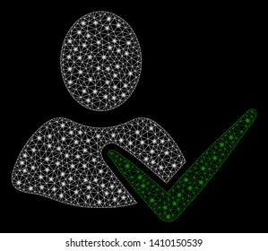 Bright mesh approve user with glare effect. Shiny wire carcass polygonal mesh in vector format on a black background. Abstract 2d mesh designed with polygonal grid, small circle, glossy flare spots.