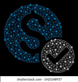 Bright mesh approved payment with glare effect. Shiny wire frame triangular mesh in vector format on a black background. Abstract 2d mesh designed with triangular lines, dots, glossy flare spots.