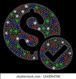 Bright mesh approved payment with lightspot effect. White wire carcass triangular mesh in vector format on a black background. Abstract 2d mesh designed with triangular lines, small circle,