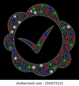 Bright mesh approved stamp with glow effect. White wire frame polygonal mesh in vector format on a black background. Abstract 2d mesh designed with polygonal grid, small circle, colorful flash spots.