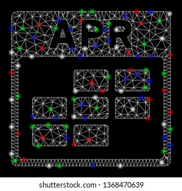 Bright mesh April calendar grid with lightspot effect. White wire carcass triangular mesh in vector format on a black background. Abstract 2d mesh designed with triangular lines, spheric points,