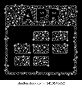 Bright mesh April calendar grid with glare effect. Shiny wire carcass polygonal mesh in vector format on a black background. Abstract 2d mesh designed with triangular lines, points,