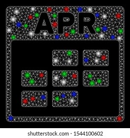Bright mesh April calendar grid with lightspot effect. White wire carcass polygonal mesh in vector format on a black background. Abstract 2d mesh designed with polygonal grid, dots,