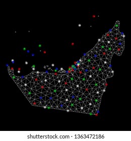Bright mesh Arab Emirates map with glow effect. Wire carcass triangular mesh in vector format on a black background. Abstract 2d mesh designed with triangular lines, points, colored flare spots.