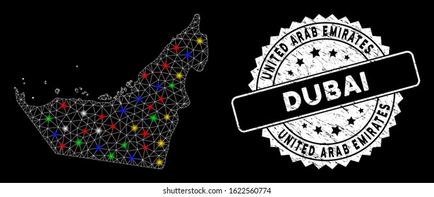 Bright mesh Arab Emirates map with glare effect, and seal. Wire frame triangular Arab Emirates map mesh in vector format on a black background. White round seal with scratched textures.