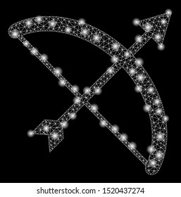 Bright mesh archery bow with glare effect. Abstract illuminated model of archery bow icon. Shiny wire frame triangular mesh archery bow. Vector abstraction on a black background.