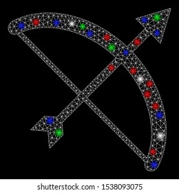 Bright mesh archery bow with lightspot effect. White wire frame polygonal mesh in vector format on a black background. Abstract 2d mesh built from polygonal grid, points, colored flash spots.