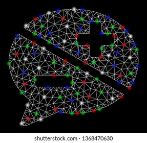 Bright mesh arguments with glare effect. White wire frame triangular mesh in vector format on a black background. Abstract 2d mesh designed with triangles, small circle, colored flash spots.