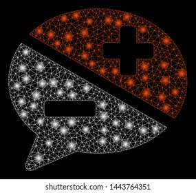 Bright mesh arguments with glow effect. Shiny wire frame polygonal mesh in vector format on a black background. Abstract 2d mesh created from polygonal grid, small circle, glossy flash spots.