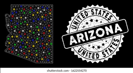 Bright mesh Arizona State map with lightspot effect, and stamp. Wire frame polygonal Arizona State map mesh in vector format on a black background. White round stamp imprint with corroded surface.