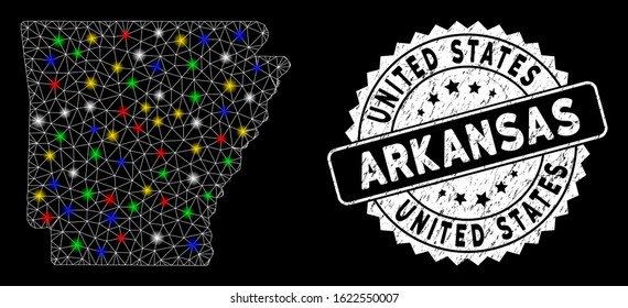 Bright mesh Arkansas State map with glow effect, and seal. Wire frame triangular Arkansas State map mesh in vector format on a black background. White round rubber seal with dirty textures.