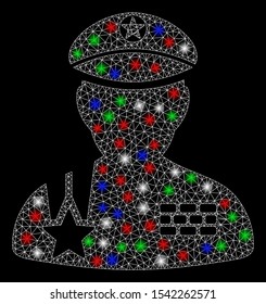 Bright mesh army general with glare effect. White wire carcass polygonal network in vector format on a black background. Abstract 2d mesh designed with polygonal grid, spheric points,