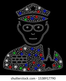 Bright mesh army general with glow effect. White wire frame polygonal mesh in vector format on a black background. Abstract 2d mesh designed with triangular lines, spheric points, colored glare spots.