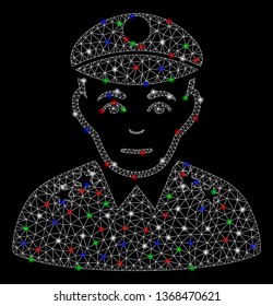 Bright mesh army general with lightspot effect. White wire frame triangular mesh in vector format on a black background. Abstract 2d mesh designed with polygonal grid, points, colored light spots.