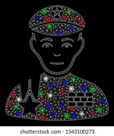 Bright mesh army general with lightspot effect. White wire frame triangular network in vector format on a black background. Abstract 2d mesh designed with triangular lines, points,