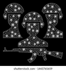 Bright mesh army with glow effect. Shiny wire frame polygonal mesh in vector format on a black background. Abstract 2d mesh designed with polygonal grid, points, glossy flash spots.