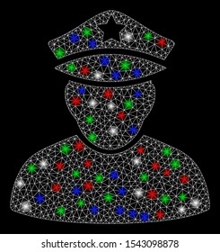Bright mesh army sergeant with glow effect. White wire carcass triangular mesh in vector format on a black background. Abstract 2d mesh designed with triangular lines, points, colorful flare spots.
