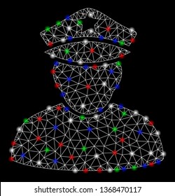 Bright mesh army sergeant with lightspot effect. White wire carcass triangular network in vector format on a black background. Abstract 2d mesh designed with triangular lines, round dots,