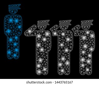 Bright mesh army squad with lightspot effect. Shiny wire frame triangular mesh in vector format on a black background. Abstract 2d mesh designed with triangular lines, points, glossy flash spots.