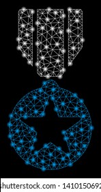 Bright mesh army star award with lightspot effect. Shiny wire carcass polygonal mesh in vector format on a black background. Abstract 2d mesh designed with polygonal grid, round dots,