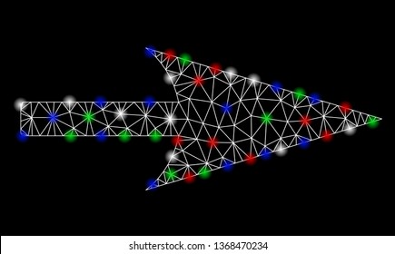 Bright mesh arrow axis x with lightspot effect. White wire frame polygonal mesh in vector format on a black background. Abstract 2d mesh designed with polygonal grid, dots, colored flare spots.