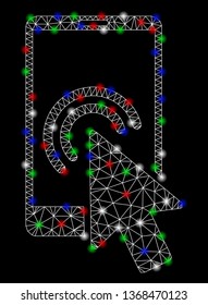 Bright mesh arrow double click smartphone with lightspot effect. White wire frame polygonal mesh in vector format on a black background. Abstract 2d mesh built from triangular lines, dots,