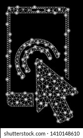 Bright mesh arrow double click smartphone with glare effect. Shiny wire frame triangular mesh in vector format on a black background. Abstract 2d mesh designed with polygonal grid, dots,