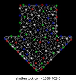 Bright mesh arrow down with glare effect. White wire frame polygonal mesh in vector format on a black background. Abstract 2d mesh designed with triangular lines, small circle, colored light spots.