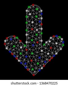 Bright mesh arrow down with glow effect. White wire carcass triangular mesh in vector format on a black background. Abstract 2d mesh designed with triangular lines, small circle, colorful glare spots.