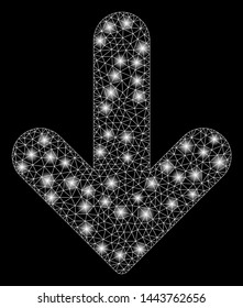 Bright mesh arrow down with lightspot effect. Shiny wire frame triangular mesh in vector format on a black background. Abstract 2d mesh designed with triangular lines, small circle,