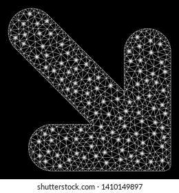 Bright mesh arrow down right with glare effect. Shiny wire carcass polygonal network in vector format on a black background. Abstract 2d mesh designed with polygonal grid, dots, glowing glare spots.