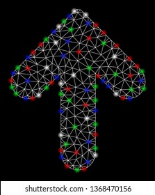Bright mesh arrow up with glow effect. White wire frame polygonal mesh in vector format on a black background. Abstract 2d mesh designed with polygonal grid, small circle, colored flare spots.