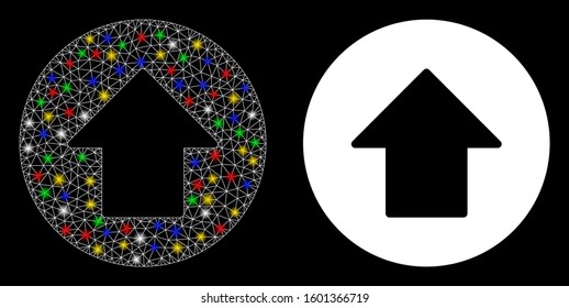 Bright mesh up arrow icon with sparkle effect. Abstract illuminated model of up arrow. Shiny wire carcass polygonal mesh up arrow icon. Vector abstraction on a black background.