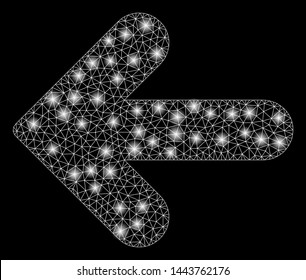 Bright mesh arrow left with glare effect. Shiny wire frame triangular mesh in vector format on a black background. Abstract 2d mesh designed with triangular lines, spheric points, glowing light spots.